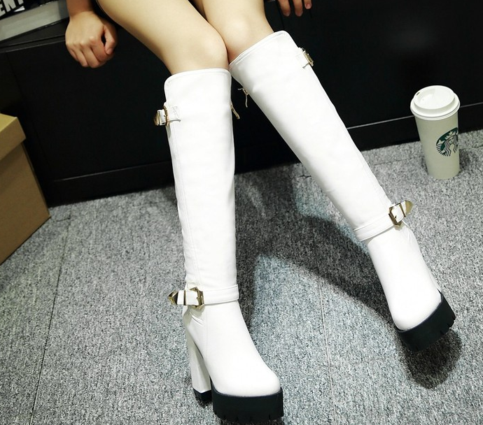 รองเท้าบูทยาวส้นหนาเดินง่ายสีดำ/น้ำตาล/ขาว ไซต์ 34-39