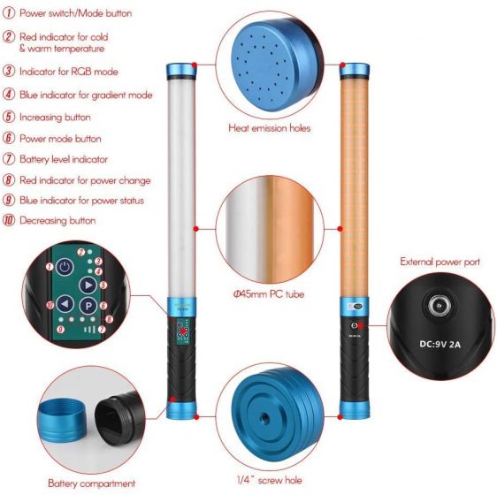Nicefoto Handheld Bi-Color RGB LED Light Wand TC-288 3000K-9000K Light Bar Magic Tube Light Luminous Flux 1400LM + Battery for Photography Lighting