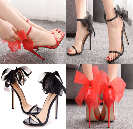 รองเท้าส้นสูง 4.4 นิ้วงานแต่งโบว์ผ้าโปร่งหลังสีดำ/แดง ไซต์ 35-43
