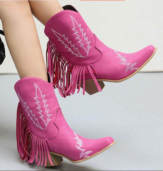 รองเท้าส้นบูททรงคาวบอยสั้น ไซส์ 35-46 สีดำ/แดง/ชมพู