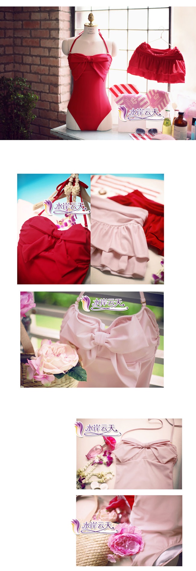 ***พร้อมส่ง***บิกินี่ชุดว่ายน้ำ set 2 ชิ้น แบบ one-piece สีแดงตกแต่งโบว์ช่วงอก มีสายผูกเป็นโบว์คล้องที่คอด้านหลัง สามารถผูกหรือเก็บสายได้ พร้อมกระโปรงตกแต่งระบายเป็นชั้นๆ สามารถใส่แบบวันพีซปรับได้ 2 สไตล์ สวยเหมือนแบบมากๆ ค่ะ