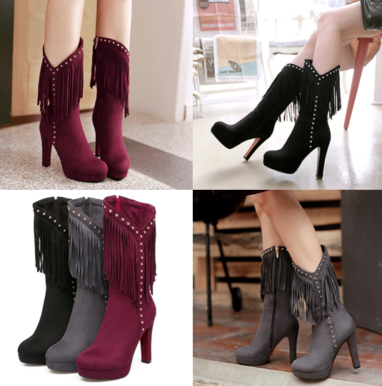 รองเท้าบูททรงคาวบอยส้นสูงสีแดง/ดำ/เทา ไซต์ 34-43