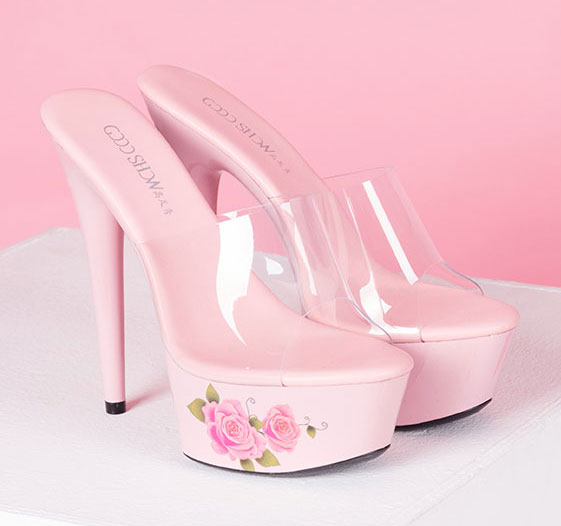 รองเท้าส้นสูงส้นพิมพ?ลายดอกกุหลาบสีขาว/ชมพู ไซต์ 34-41