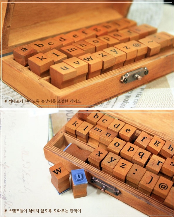 ตรายาง ตัวปั้ม กล่องไม้ ตรายางอักษร 30 ชิ้น ข้อความ A-Z