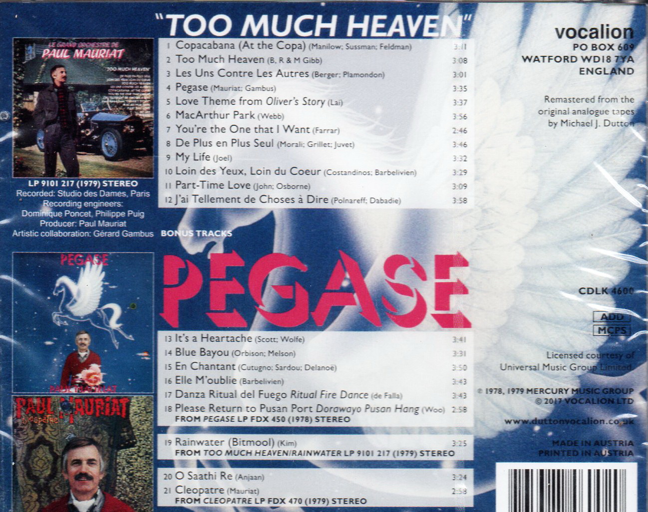 CD,Paul Mauriat - Too Much Heaven & bonus tracks Pegase(Remastered From The original Tapes)(Instrumental)(2017)(Austria)