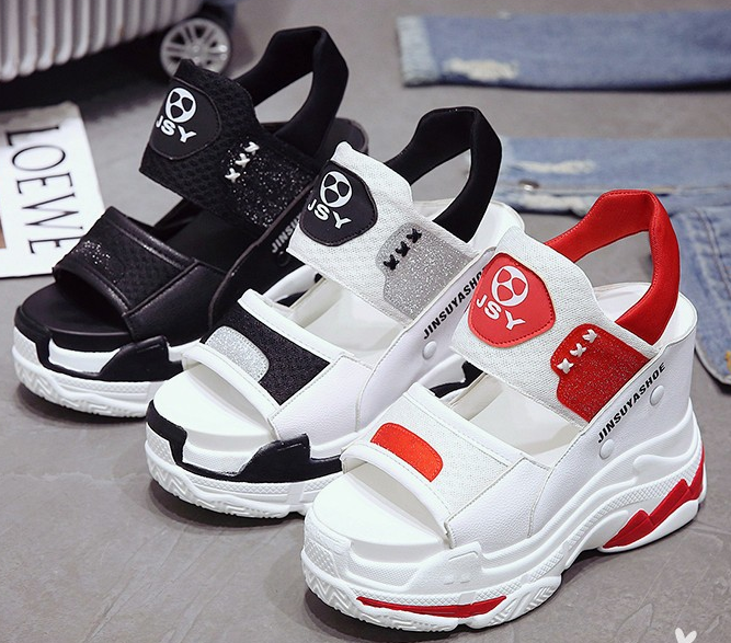 รองเท้าส้นเตารีดเดินง่ายคล้ายผ้าใบสีขาว/ดำ/แดง ไซต์ 34-39