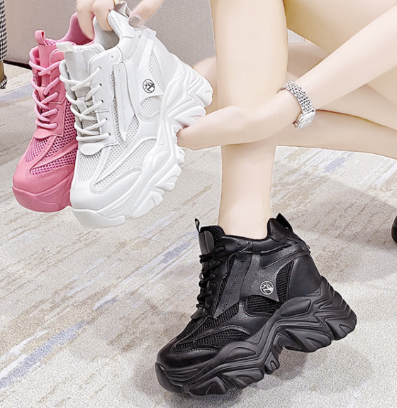 รองเท้าผ้าใบเสริมส้นสีชมพู/ขาว/ดำ ไซต์ 34-39