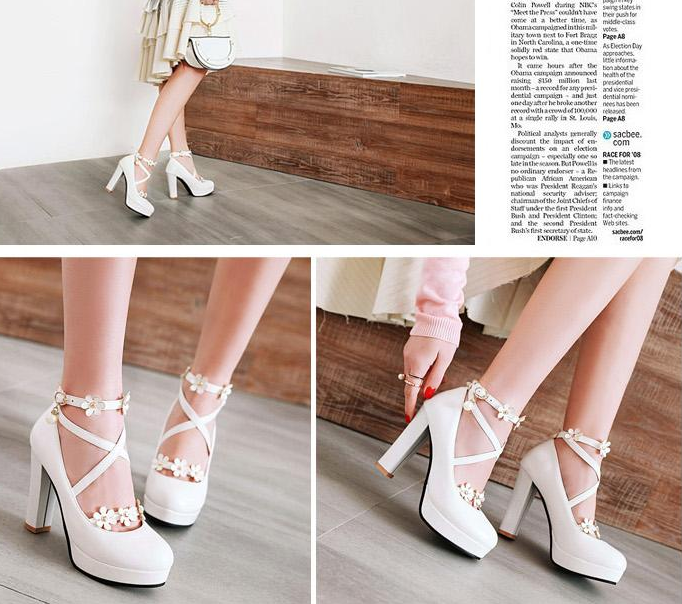 รองเท้าส้นสูงแต่งดอกไม้น่ารักๆสีชมพู/ขาว/ดำ ไซต์ 34-43