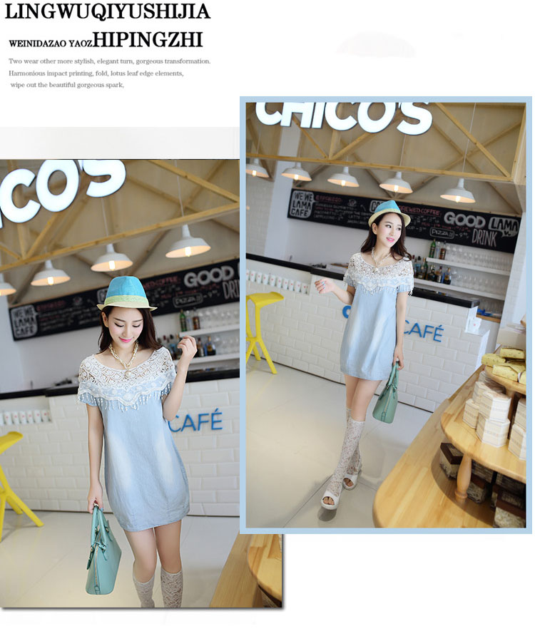 **หมดค่ะ**เดรสสั้นสียีนส์ ตกแต่งช่วงไหล่ด้วยผ้าลูกไม้ เหมือนแบบใส่แล้วดูสวยหวาน chic มากค่ะ