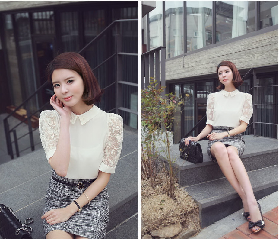 ***หมดแล้วค่ะ***เสื้อผ้าซีฟองสีขาว คอปก ปักที่ปกเสื้อ ต่อแขนลูกไม้สีขาว ผ้าเนื้อหน้าสวยเหมือนแบบค่ะ