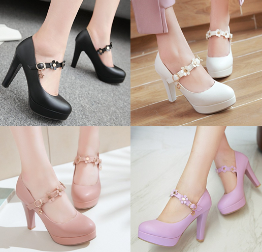 รองเท้าส้นสูงคัดชูน่ารักๆ ไซต์ 34-39 สีชมพู/ม่วง/ดำ/ขาว