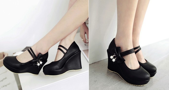 รองเท้าส้นเตารีดแบบน่ารักสีหวานสีชมพู/ครีม/ขาว/ดำ ไซต์ 34-39