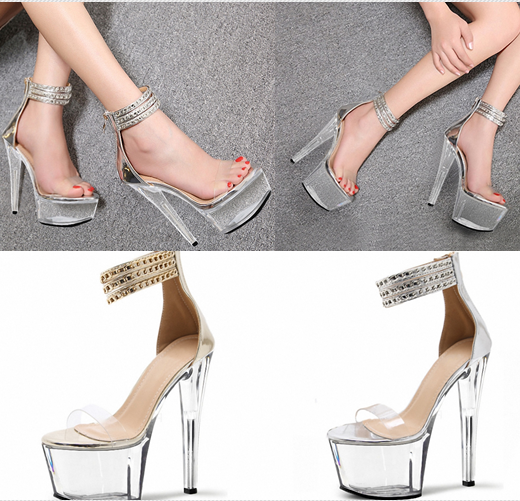 รองเท้าส้นแก้วใส่สายัดข้อแต่งโซ่สีเงิน/ทอง /ซต์ 34-43