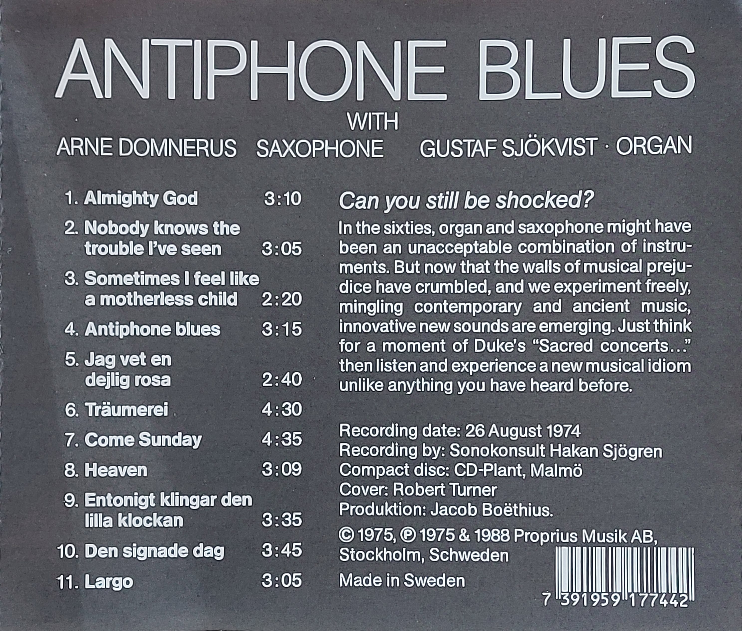 Used CD,Arne Domnerus Gustaf Sjokvist - Antiphone Blues (C)(Jazz)(Saxophone)(Organ)(instrumental)(1988)(Sweden)