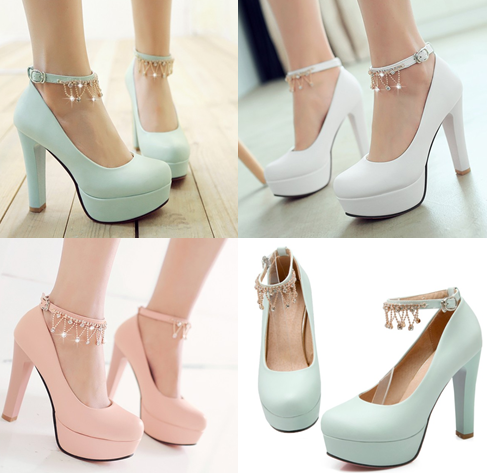 รองเท้าคัทชูส้นสูงสีหวาน ไซต์ 34-39 สีขาว/ชมพู/ฟ้า