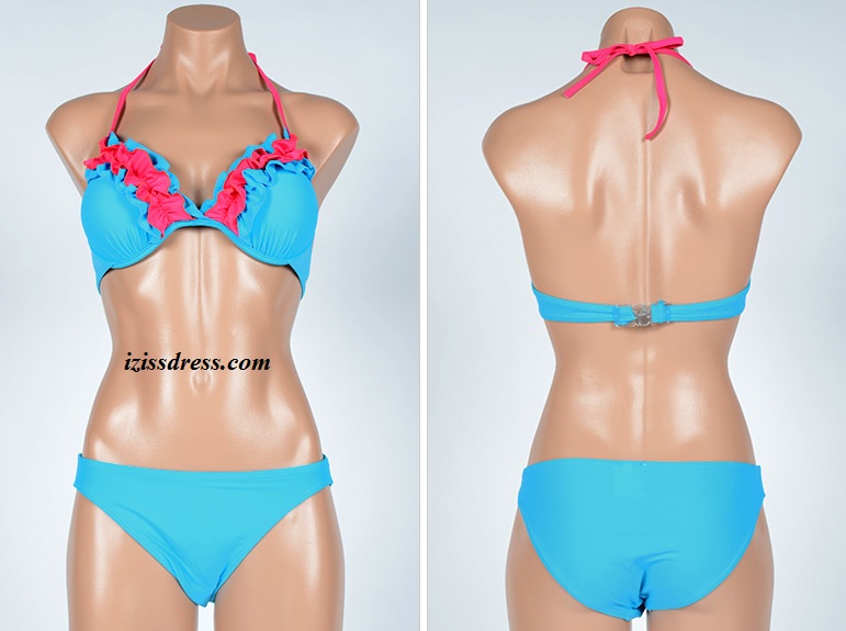 ***พร้อมส่ง***บิกินี่ชุดว่ายน้ำ set 3 ชิ้น three-pieces สีฟ้าสดใสช่วงบราตกแต่งระบายสีชมพูเข้ม มีสายผูกเป็นโบว์คล้องที่คอด้านหลัง พร้อมบิกินี่ และกระโปรงตกแต่งระบายเป็นชั้นๆ ตัดขอบด้วยแถบสีชมพูเข้ม ใส่แบบทูพีซปรับได้ 2 สไตล์ น่ารัก+sexy รับลมทะเล สวยเหม