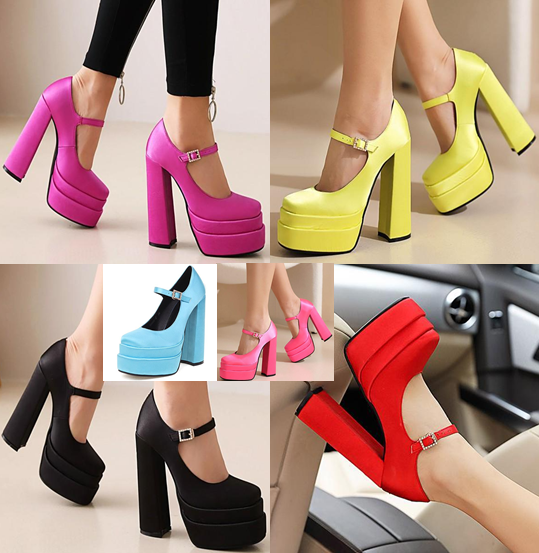 รองเท้าคัทชูส้นใหญ่งานผ้าซาติน ไซส์ 34-43 สีดำ/แดง/ม่วง/ชมพู/ฟ้า/เหลือง