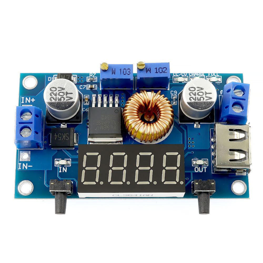 XL4015E High current 5A Stepdown แปลงไฟลง 4-35V เป็น 1.25-32V และช่องไฟ 5V USB กระแสสูงสุด 5A พร้อมจอแสดงผลและกล่องเคส