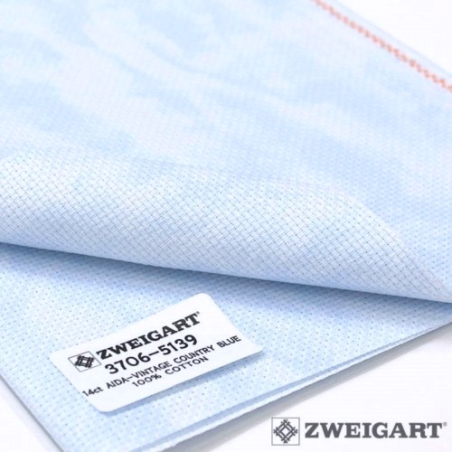 Zweigart 14 count. Vintage Blue Whisper Aida (ผ้าไอด้า ขนาดตา 14 ช่อง/นิ้ว พิมพ์ลายสีฟ้า)