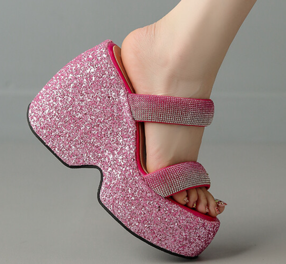 รองเท้าส้นเตารีดงานกริ๊ตเตอร์ ไซส์ 34-43 สีชมพู/เขียว/ดำ