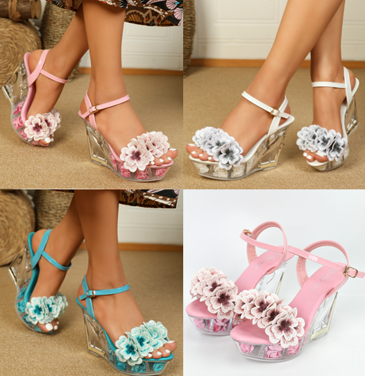 รองเท้าส้นเตารีดแต่งดอกไม้ ไซส์ 34-43 สีแอพพริคอท/ชมพู/ขาว/ฟ้า