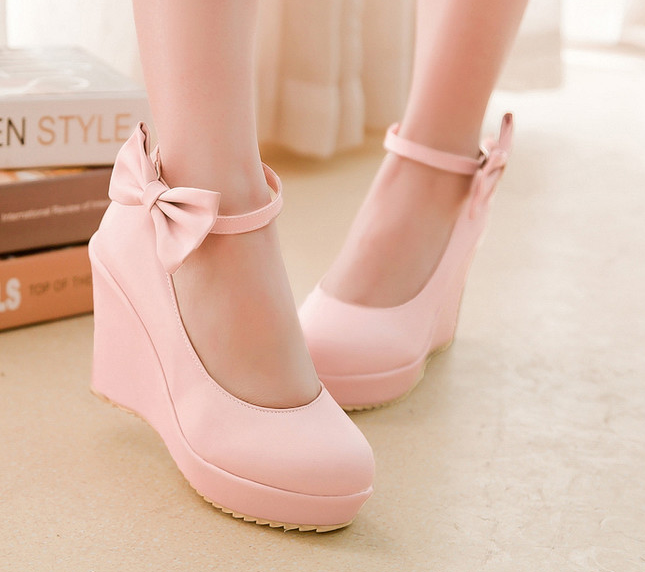 รองเท้าส้นเตารีดสายรัดข้อแต่งโบว์น่ารักๆสีชมพู/ฟ้า/ครีม ไซต์ 34-43