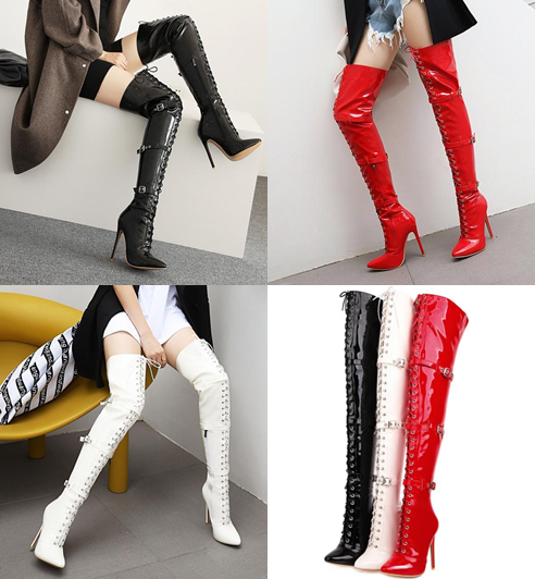 รองเท้าบูทส้นเข็มปลายแหลมยาวถึงต้นขา ไซต์ 34-46 สีแดง/ดำ/ขาว