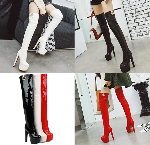 รองเท้าบูทส้นสูงหนังแก้วยาวเลยเข่า ไซต์ 34-46 สีแดง/ดำ/ขาว