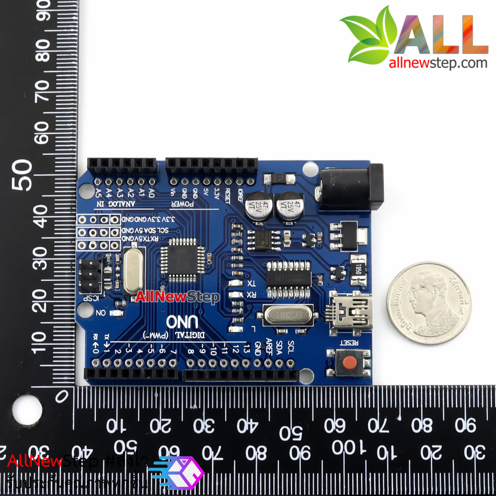 บอร์ด Uno R3 SMD Mini เพิ่มพอร์ทขยาย พร้อมสาย USB หัวต่อแบบ Mini USB (Arduino-Compatible)