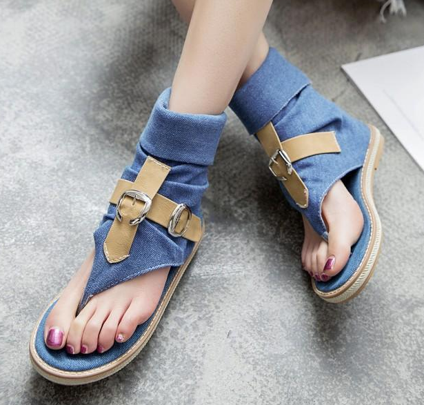 รองเท้าส้นเตี้ยผ้ายีนส์แบบเก๋สีดำ/ฟ้า/น้ำเงิน ไซต์ 34-43