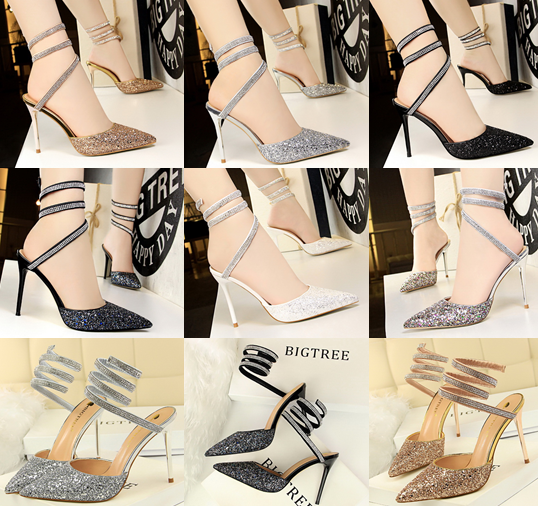 รองเท้าส้นสูงสายเกลียวพันรอบขา ไซต์ 34-40 สีดำ/เงิน/ทอง/ขาว/น้ำเงิน/เทา