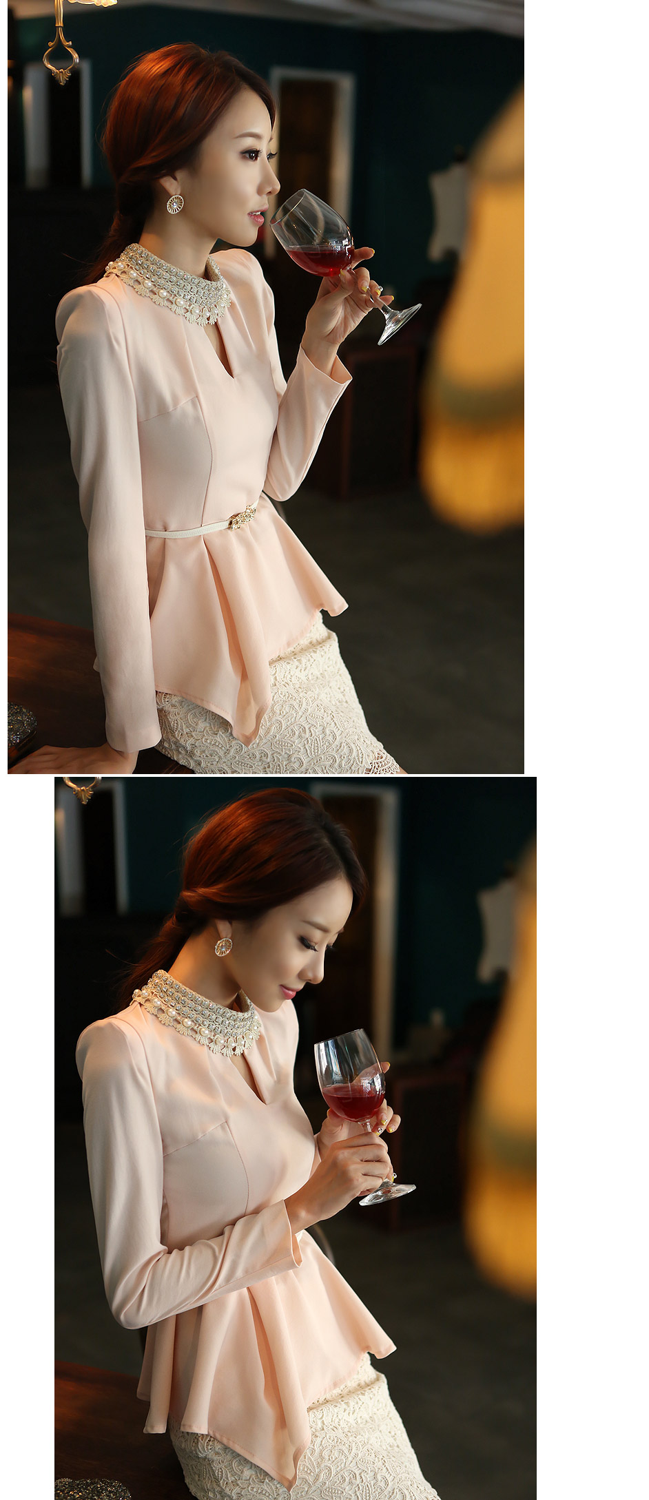 ***หมดค่ะ***เสื้อชีฟองแขนยาวสีชมพูอมส้ม คอปักมุกสีขาว ชายเสื้อมีระบาย สวยมากค่ะ