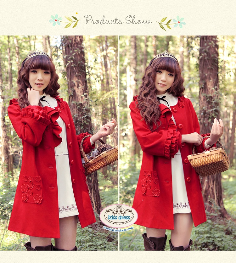 ***หมดค่ะ***เสื้อโค้ทกันหนาวสีแดง ตกแต่งระบายรอบคอและช่วงแขน ติดกระดุมด้านหน้า สวยเหมือนแบบค่ะ