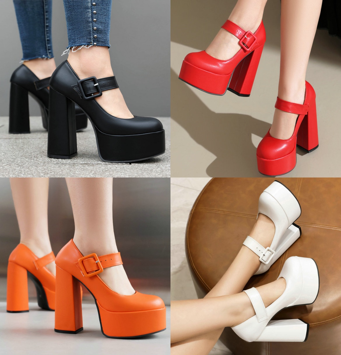 รองเท้าคัทชูส้นหนาหนังด้าน ไซส์ 34-43 สีดำ/ขาว/ครีม/ส้ม/แดง