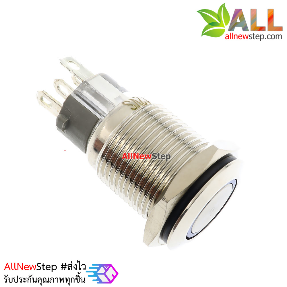 ปุ่มกดแบบโลหะกันน้ำ สวิตช์กดติดปล่อยดับ Reset switch พร้อมไฟ LED 12-24V สีน้ำเงิน