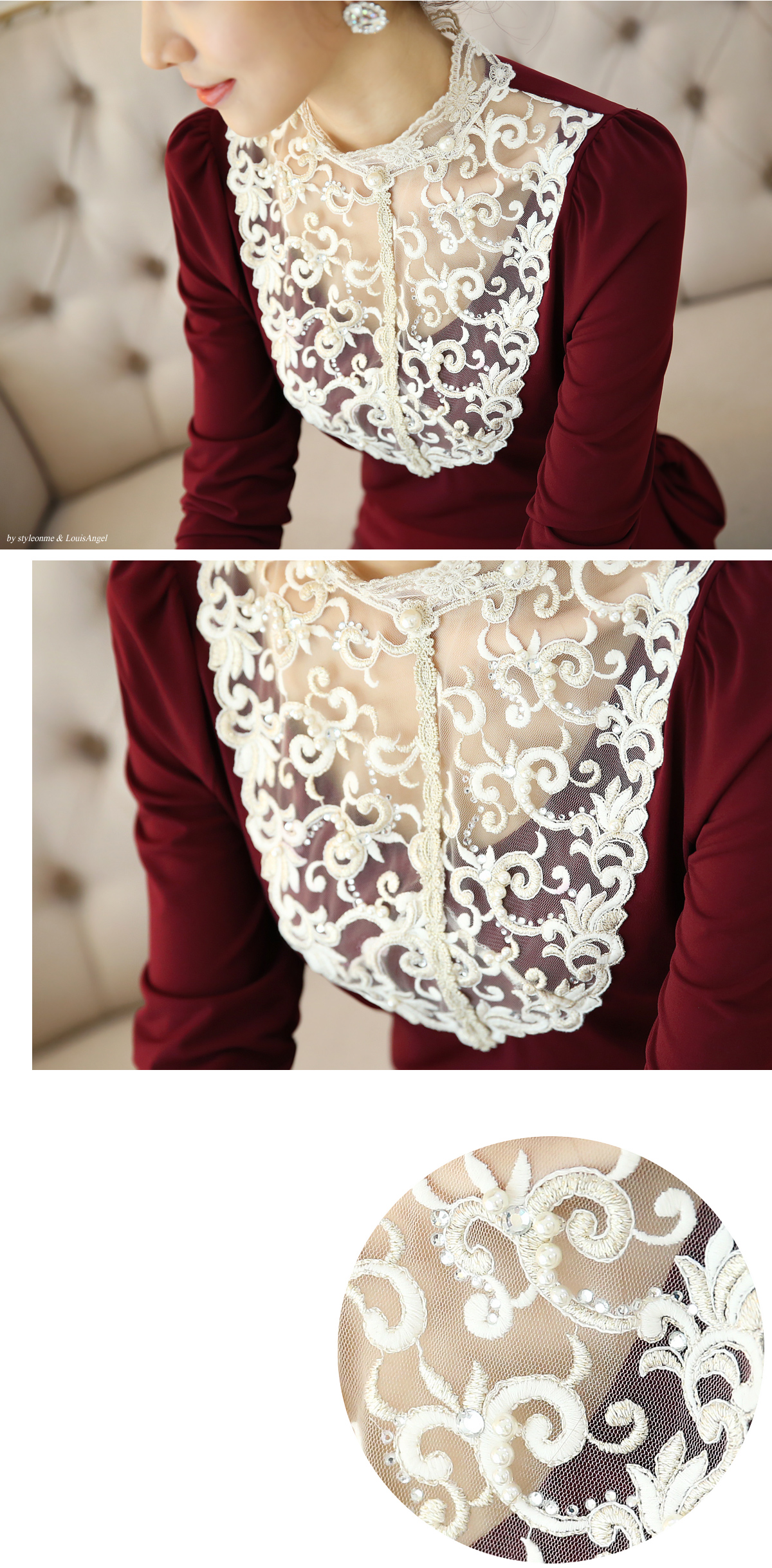 **หมดค่ะ**เสื้อใส่ทำงานผ้าสีขาวแดงแขนยาว คอตั้งดีเทลตกแต่งช่วงอกด้วยผ้าโปร่งปักดิ้นทองผสมมุกและเพชร ปลายแขนแต่งขอบ สวยคุณภาพดีเหมือนแบบค่ะ