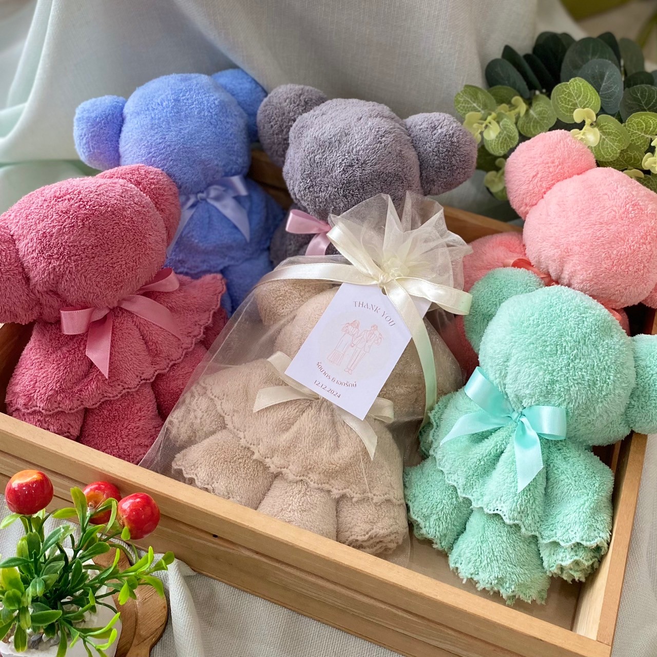 ผ้าขนหนูขนเป็ดน้องหมี ขนาดผ้า 15x30 นิ้ว แพ็คถุงผ้าแก้วครีม