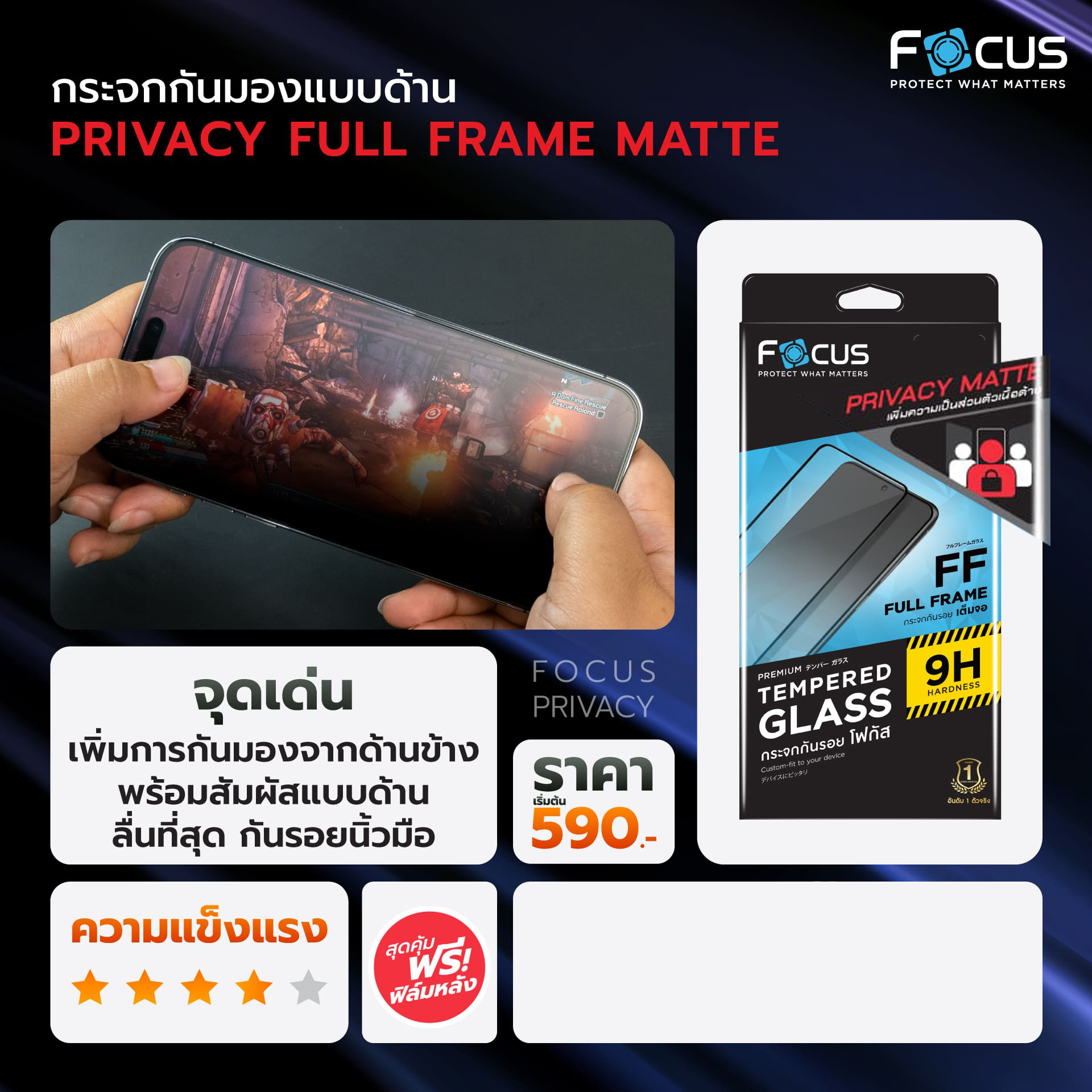 Focus ฟิล์มกระจก กันคนมอง ใส ด้าน เต็มจอ Privacy ใช้สำหรับ iPhone 17 Pro Max Air 16 Plus 15 14 13 12 11 ใบกำกับภาษี