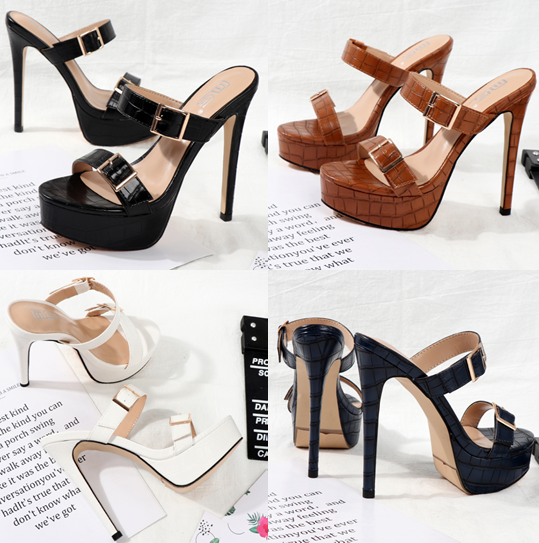 รองเท้าส้นสูงแบบสวมหนังบุลาย ไซต์ 34-41 สีดำ/ขาว/น้ำตาล/กรม