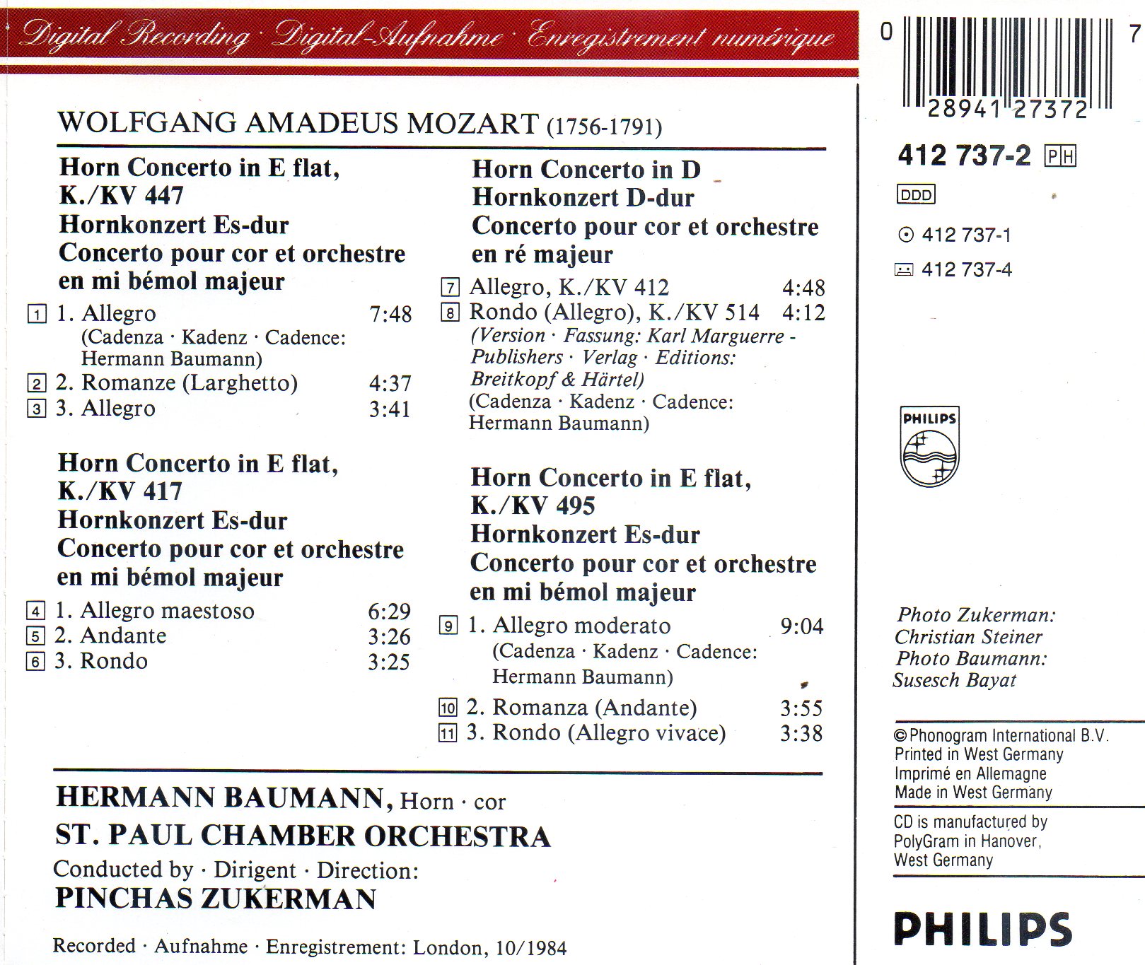 CD,Mozart - Hermann Baumann, St. Paul Chamber Orchestra, Pinchas Zukerman(Classics)(instrumental)(VA)(1984)(Germany)