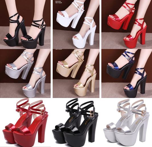 รองเท้าส้นสูงส้นหนา ไซต์ 34-43 สีดำ/แดง/ขาว/เงิน/ทอง/น้ำเงิน