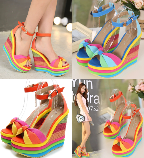 รองเท้าส้นเตารีดคัลเลอร์ฟูล ไซส์ 34-43 สีส้ม/ฟ้า