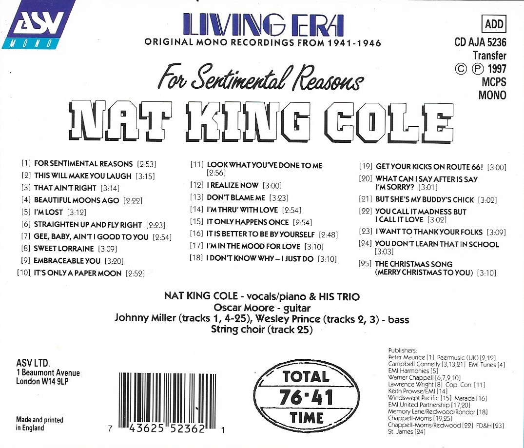 CD,Nat King Cole - For Sentimental Reasons (1997)(England)