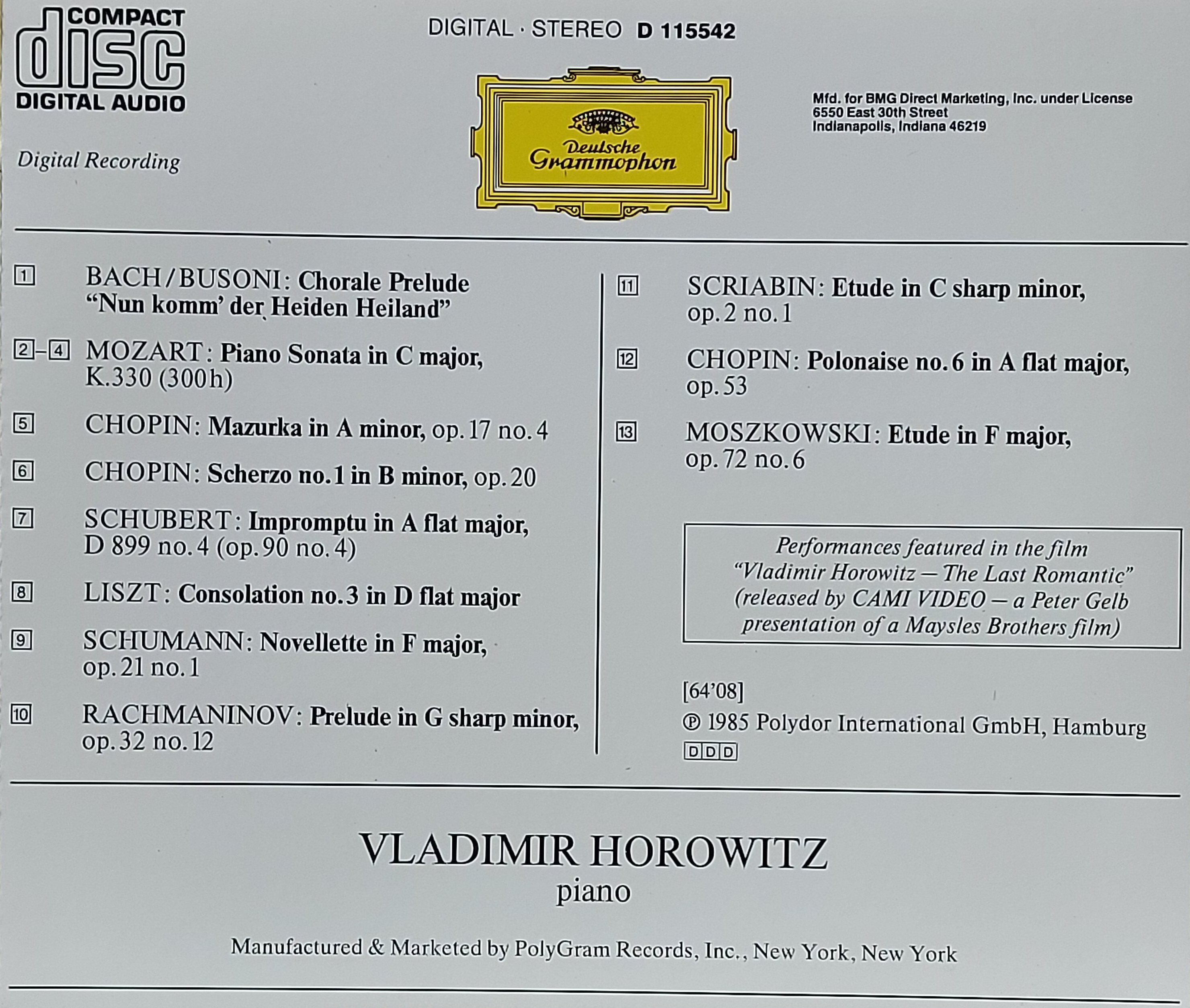 Used CD,Vladimir Horowitz Bach Chopin Liszt Mozart (A+)(Classical)(Piano)(instrumental)(1985)(USA)