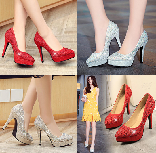 รองเท้าส้นสูงปลายแหลมทรงเป๊ะสีแดง/เงิน/ทอง ไซต์ 34-39