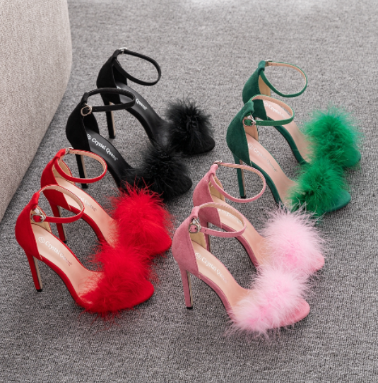 รองเท้าส้นสูงแต่งขนนก ไซส์ 35-46 สีดำ/แดง/ชมพู/เขียว