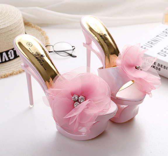 รองเท้าส้นสูงแบบสวมสีชมพู/ดำ/ฟ้า/ครีม ไซต์ 34-40