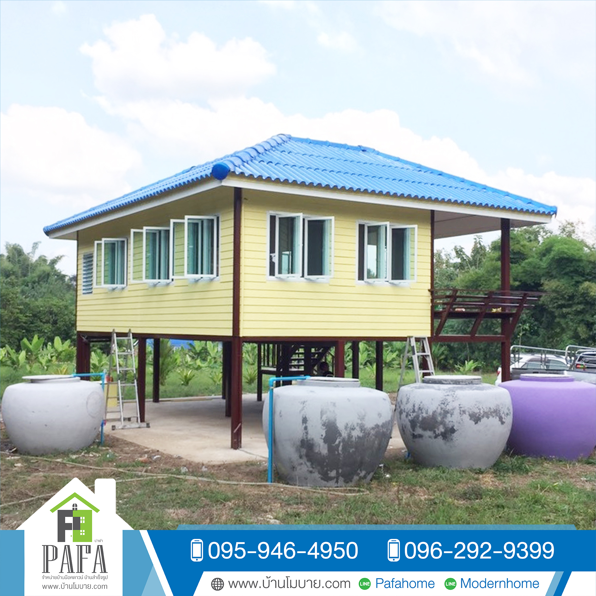 บ้านน็อคดาวน์ขนาด 4*8 เมตร พร้อมระเบียง 2*5 เมตร ยกสูง 1.8 เมตร