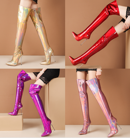 รองเท้าบูทยาวหนังเงาเมทาลิค ไซต์ 34-43 สีม่วง/เงิน/ทอง/แดง
