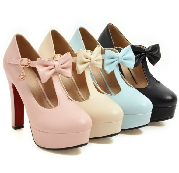 รองเท้าคัดชูหัวมนแต่งโบว์น่ารักๆสีครีม/ชมพู/ดำ/ฟ้า ไซต์ 34-47